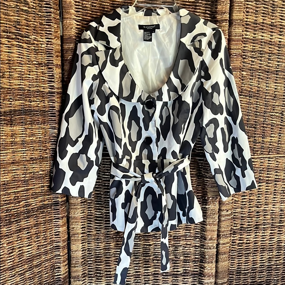 Sandro Black and White Animal Print Belted Jacket